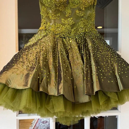 Dark Olive Green Sweetheart Neck A-Line Satin Tulle Short Prom Dresses Homecoming Dresses HZ1024