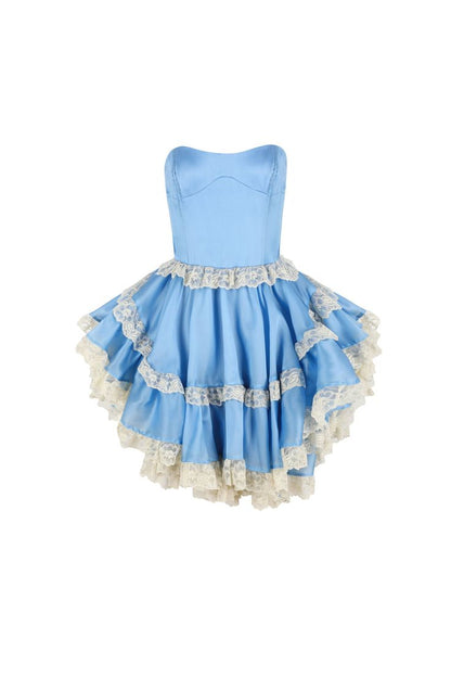 Blue Strapless A-Line Satin Lace Short Prom Dress Homecoming Dress HZ1024