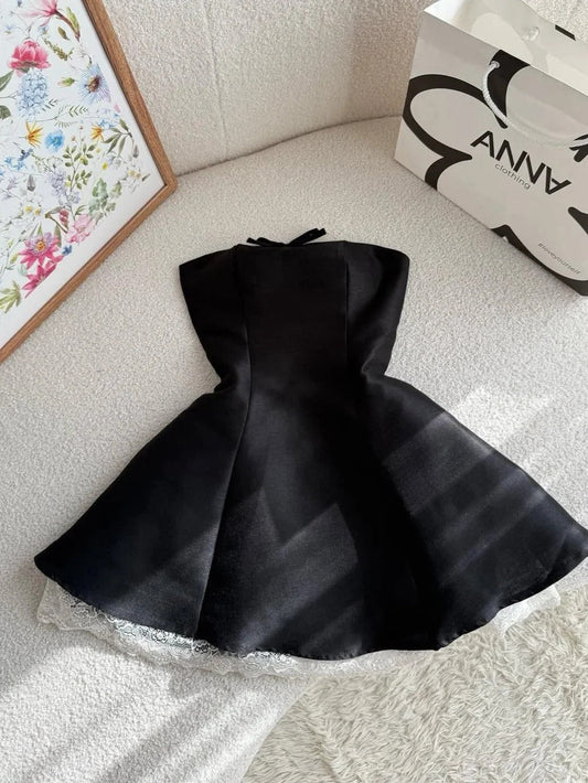 Black Strapless A-Line Satin Short Prom Dress Homecoming Dress HZ1024