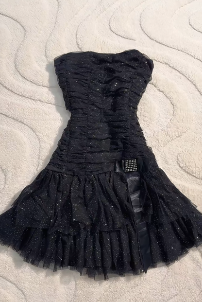 Black Strapless A-Line Glitter Tulle Short Prom Dress Homecoming Dresses HZ1024