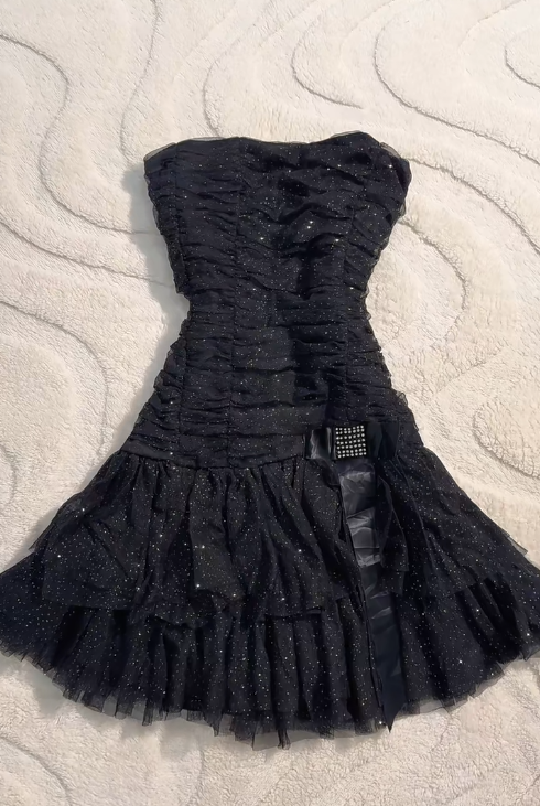 Black Strapless A-Line Glitter Tulle Short Prom Dress Homecoming Dresses HZ1024
