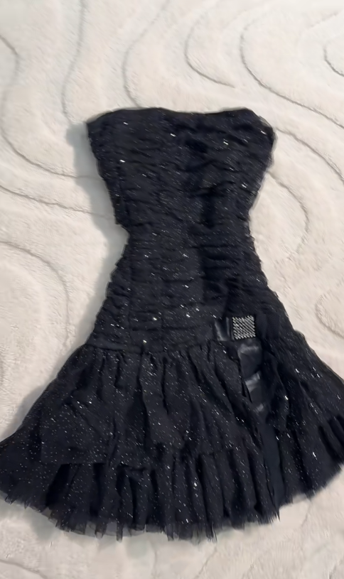 Y2K Black Strapless A-Line Glitter Tulle Short Prom Dress Homecoming Dresses ED02581