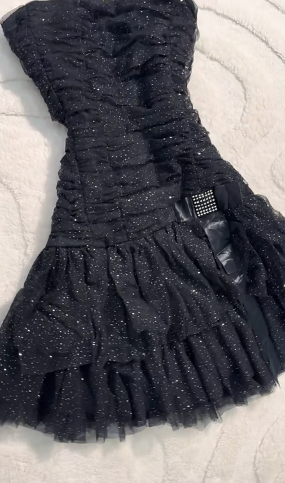Y2K Black Strapless A-Line Glitter Tulle Short Prom Dress Homecoming Dresses ED02581