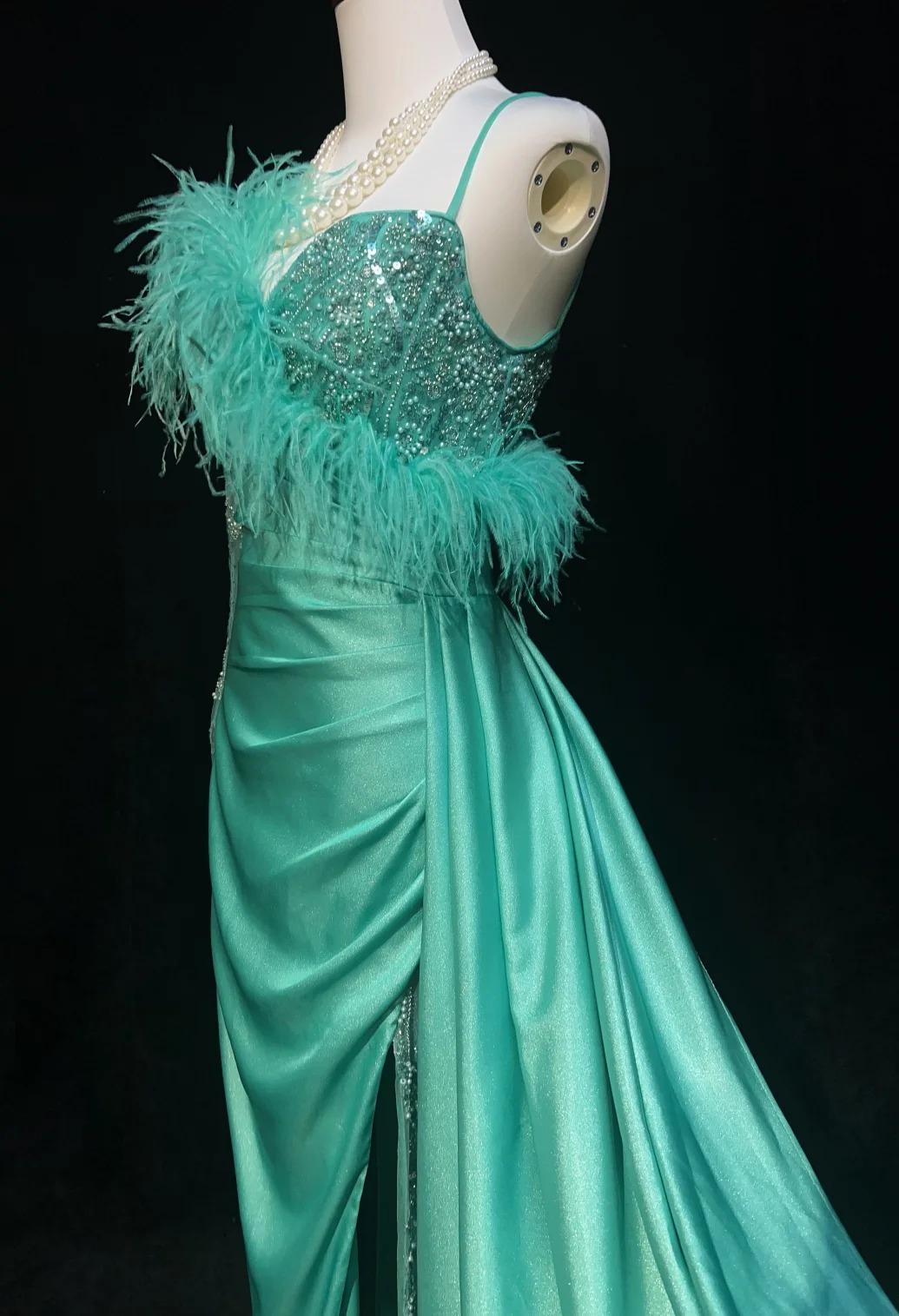 Blue Satin Asymmetric Neck Mermaid Satin Long Prom Dress Formal Evening Gowns with Slits HZ1024
