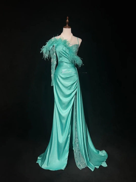 Blue Satin Asymmetric Neck Mermaid Satin Long Prom Dress Formal Evening Gowns with Slits HZ1024