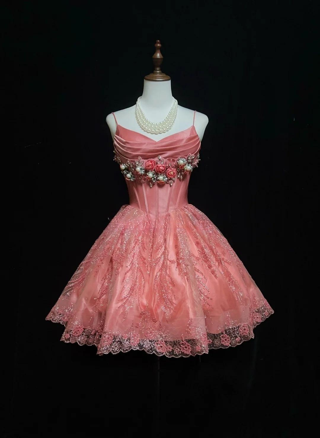 Hot Pink Spaghetti Strap A-Line Tulle Satin Short Prom Dress Homecoming Dress with Beading HZ1024