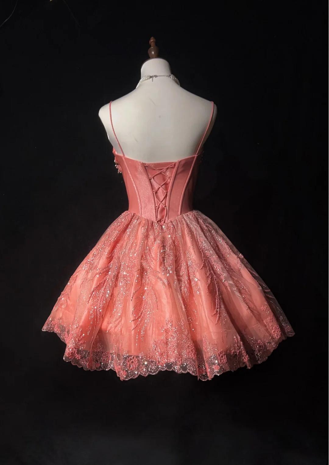 Hot Pink Spaghetti Strap A-Line Tulle Satin Short Prom Dress Homecoming Dress with Beading HZ1024