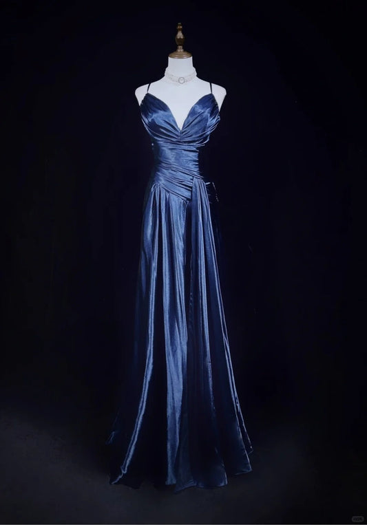 Stunning Navy Blue Spaghetti Straps A-Line Satin Long Prom Dress Formal Evening Gowns with Pleats ED02585