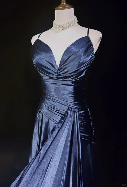 Stunning Navy Blue Spaghetti Straps A-Line Satin Long Prom Dress Formal Evening Gowns with Pleats ED02585
