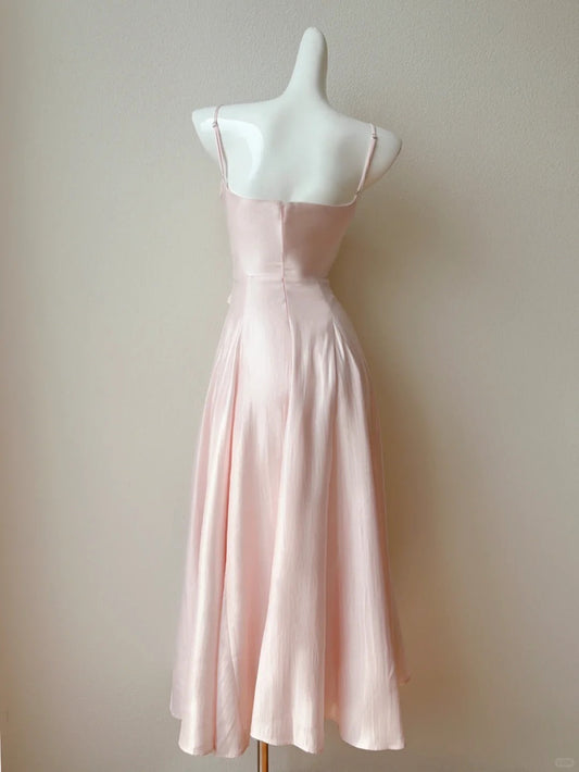 Blush Pink Spaghetti Straps A-Line Satin Long Prom Dress Formal Evening Gowns HZ1024