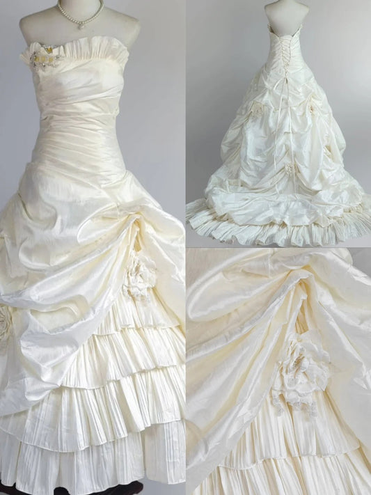 Simple Strapless White A-Line Satin Wedding Dress Formal Evening Gowns ED02589