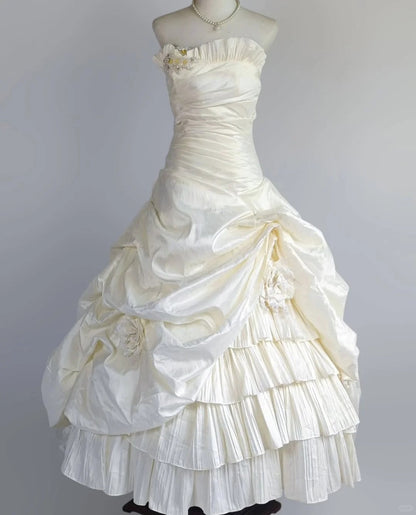 Simple Strapless White A-Line Satin Wedding Dress Formal Evening Gowns ED02589