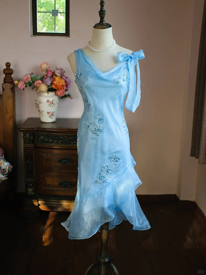 Blue Asymmetric Neck Bodycon Chiffon Beading Short Prom Dress Evening Gowns HZ1024
