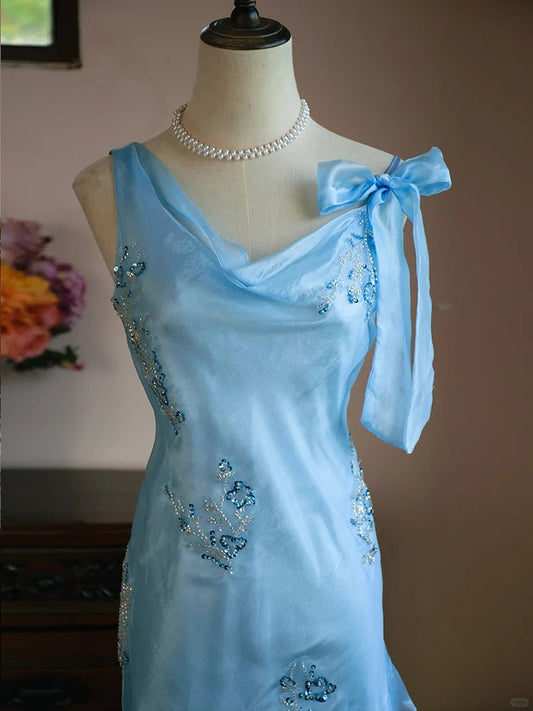 Elegant Blue Asymmetric Neck Bodycon Chiffon Beading Short Prom Dress Evening Gowns ED02591