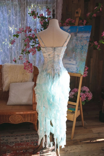 Gorgeous Light Blue Spaghetti Straps Sheath Printed Chiffon Prom Dress Sweet Evening Gowns with Ruffles ED02593
