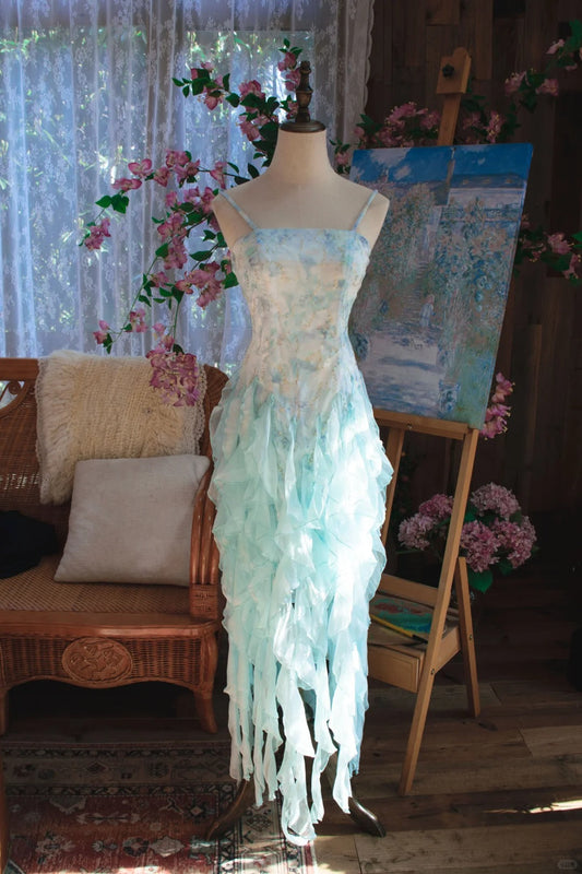 Gorgeous Light Blue Spaghetti Straps Sheath Printed Chiffon Prom Dress Sweet Evening Gowns with Ruffles ED02593