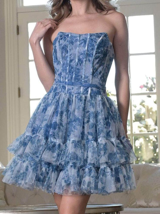 Blue Strapless A-Line Printed Tulle Short Prom Dresses Homecoming Dress HZ1024