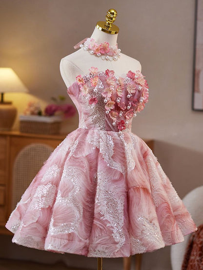 Pink Strapless A-Line Sequined Tulle Short Prom Dresses Homecoming Dress HZ1024