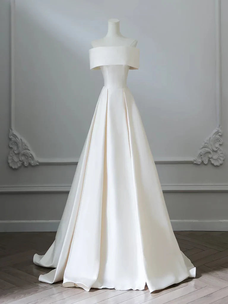 A-Line Off Shoulder Satin Light Champagne Long Prom Dress, Light Champagne Evening Dress ED025