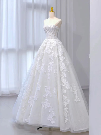 A-Line Tulle Lace Beige Long Prom Dress, Beige Long Formal Dress  ED026