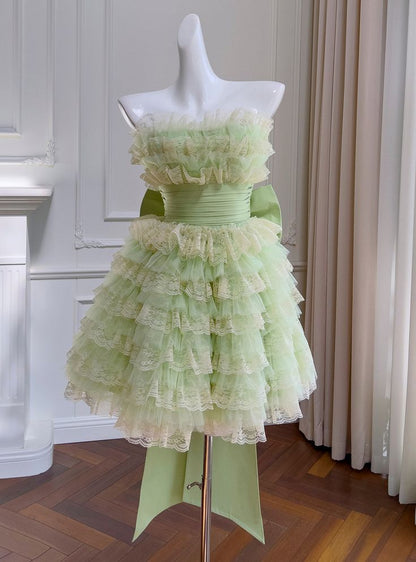 Green Strapless A-Line Tulle Lace Short Prom Dresses Homecoming Dress HZ1024