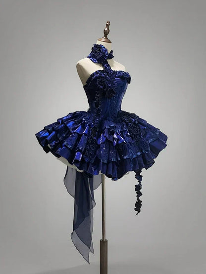 Deep Royal Blue Strapless A-Line Lolita Prom Dresses Homecoming Dress HZ1024