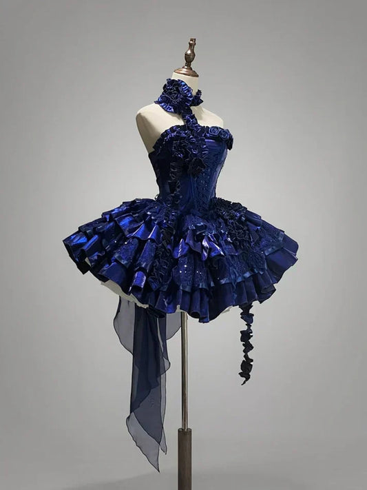 Deep Royal Blue Strapless A-Line Lolita Prom Dresses Homecoming Dress HZ1024