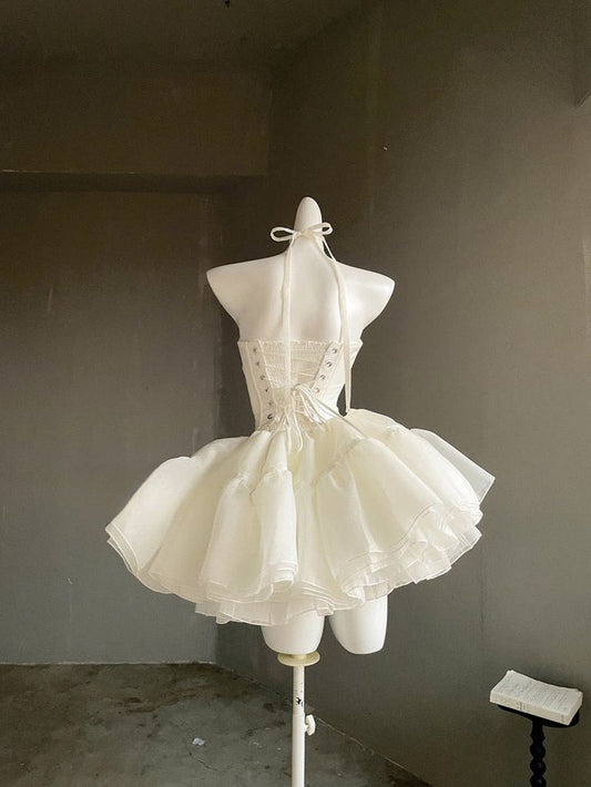 Off-White Strapless A-Line Tulle Short Prom Dresses Homecoming Dress HZ1024