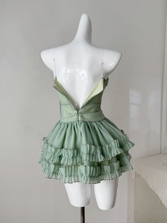 Green Spaghetti Straps A-Line Tulle Short Prom Dresses Homecoming Dress HZ1024
