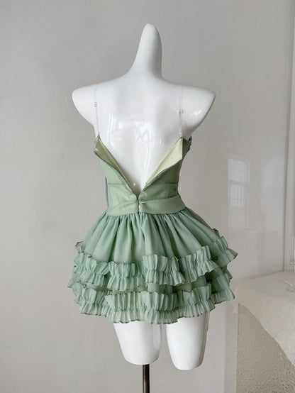 Sweet Green Spaghetti Straps A-Line Tulle Short Prom Dresses Homecoming Dress ED02605