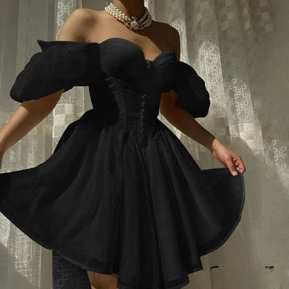 Stunning White Off Shoulder A-Line Tulle Short Prom Dresses Homecoming Dress ED02607