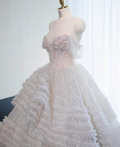White Sweetheart Neck A-Line Tulle Beaded Wedding Dresses HZ1024