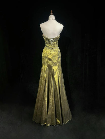 Elegant Green Strapless Mermaid Beaded Satin Long Prom Dresses Formal Evening Gowns ED02610
