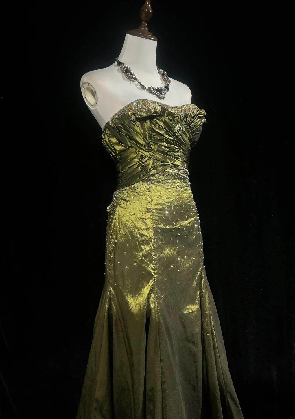 Elegant Green Strapless Mermaid Beaded Satin Long Prom Dresses Formal Evening Gowns ED02610