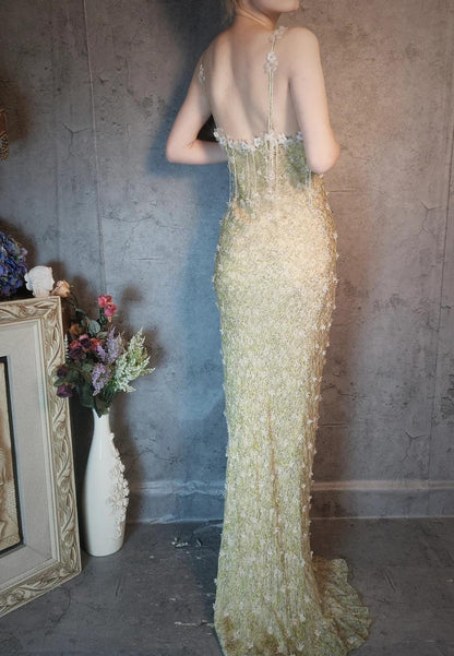 Stunning Spaghetti Straps Sheath Beaded Chiffon Long Prom Dresses Elegant Formal Evening Gowns with 3D Appliques ED02612