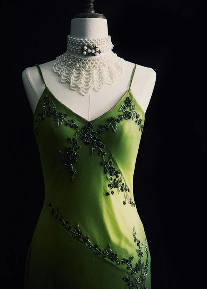 Vintage Green Spaghetti Straps Sheath Beaded Chiffon Long Prom Dresses with Slits ED02614