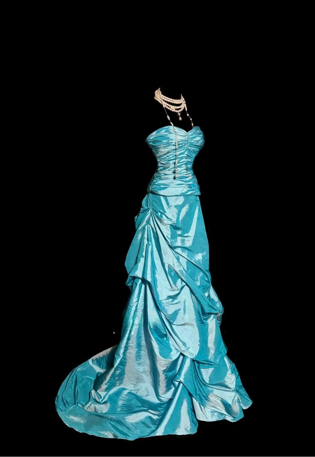 Blue Sweetheart Neck A-Line Taffeta Long Prom Dresses Formal Evening Gowns HZ1024