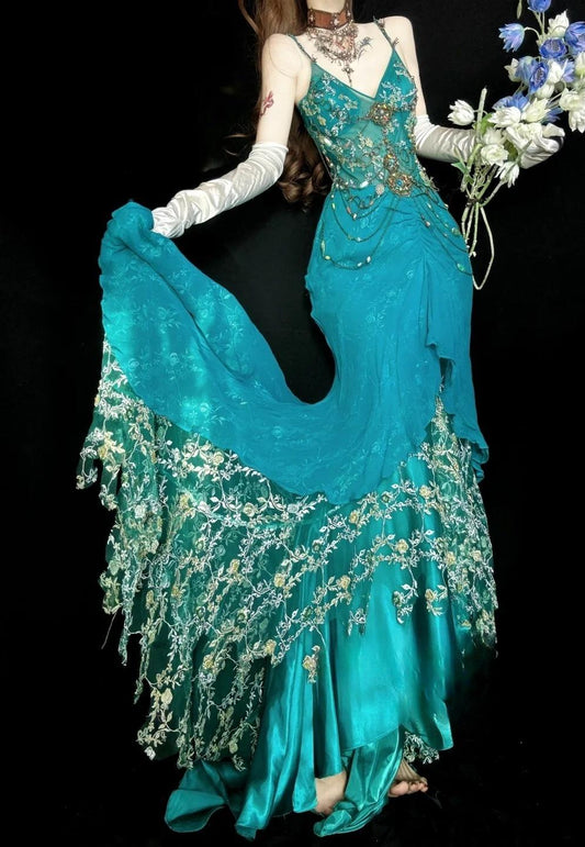 Blue Mermaid Spaghetti Straps Chiffon Appliques Long Prom Dresses Formal Evening Gowns HZ1024