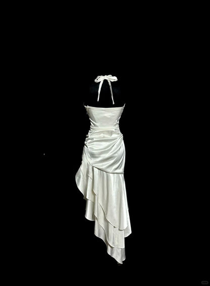 Elegant White Halter Sheath Satin Prom Dresses Formal Evening Gowns ED02624