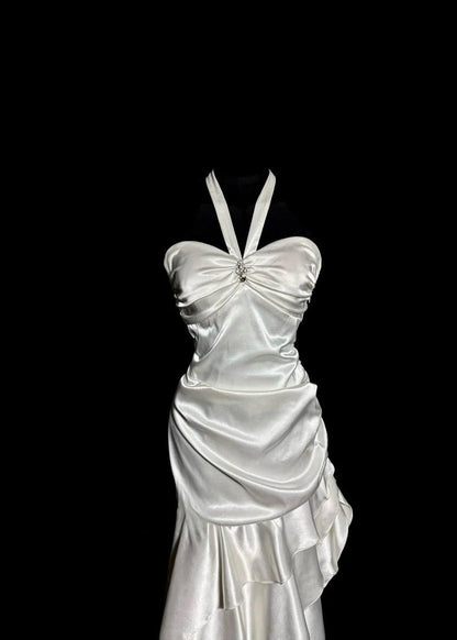 Elegant White Halter Sheath Satin Prom Dresses Formal Evening Gowns ED02624