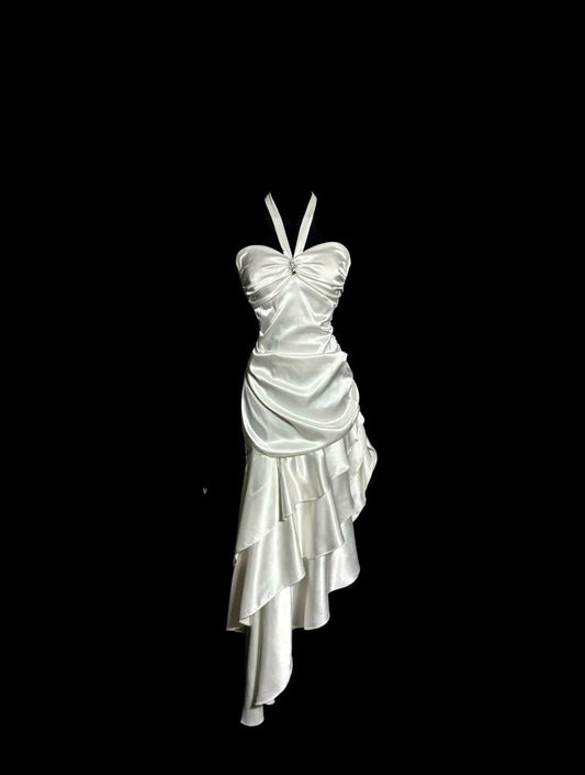 Elegant White Halter Sheath Satin Prom Dresses Formal Evening Gowns ED02624