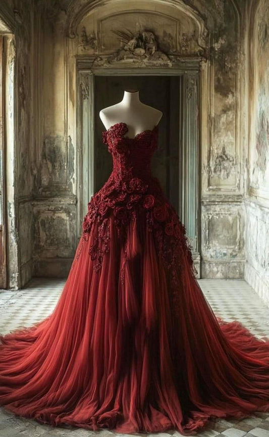 Glam Strapless Red A-Line Tulle Appliques Long Prom Dresses Formal Evening Gowns ED02625