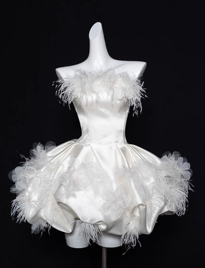 White Strapless A-Line Satin Short Prom Dresses Homecoming Dress HZ1024