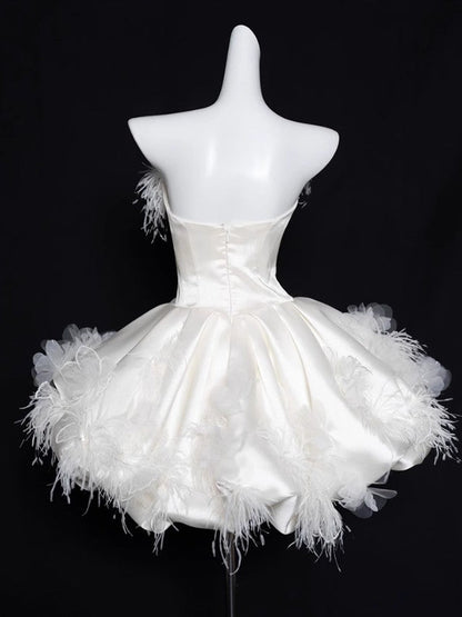 Elegant White Strapless A-Line Satin Short Prom Dresses Homecoming Dress ED02626