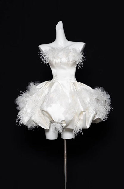 White Strapless A-Line Satin Short Prom Dresses Homecoming Dress HZ1024
