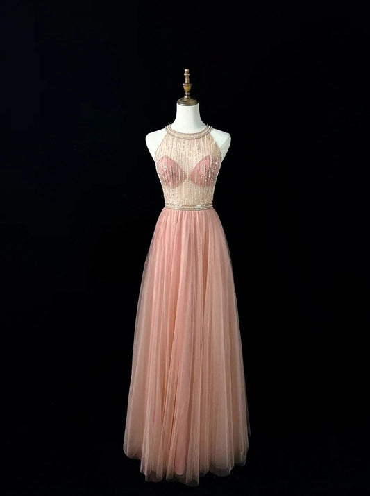 Blush Pink Round Neck A-Line Tulle Beaded Long Prom Dresses Birthday Evening Gowns HZ1024