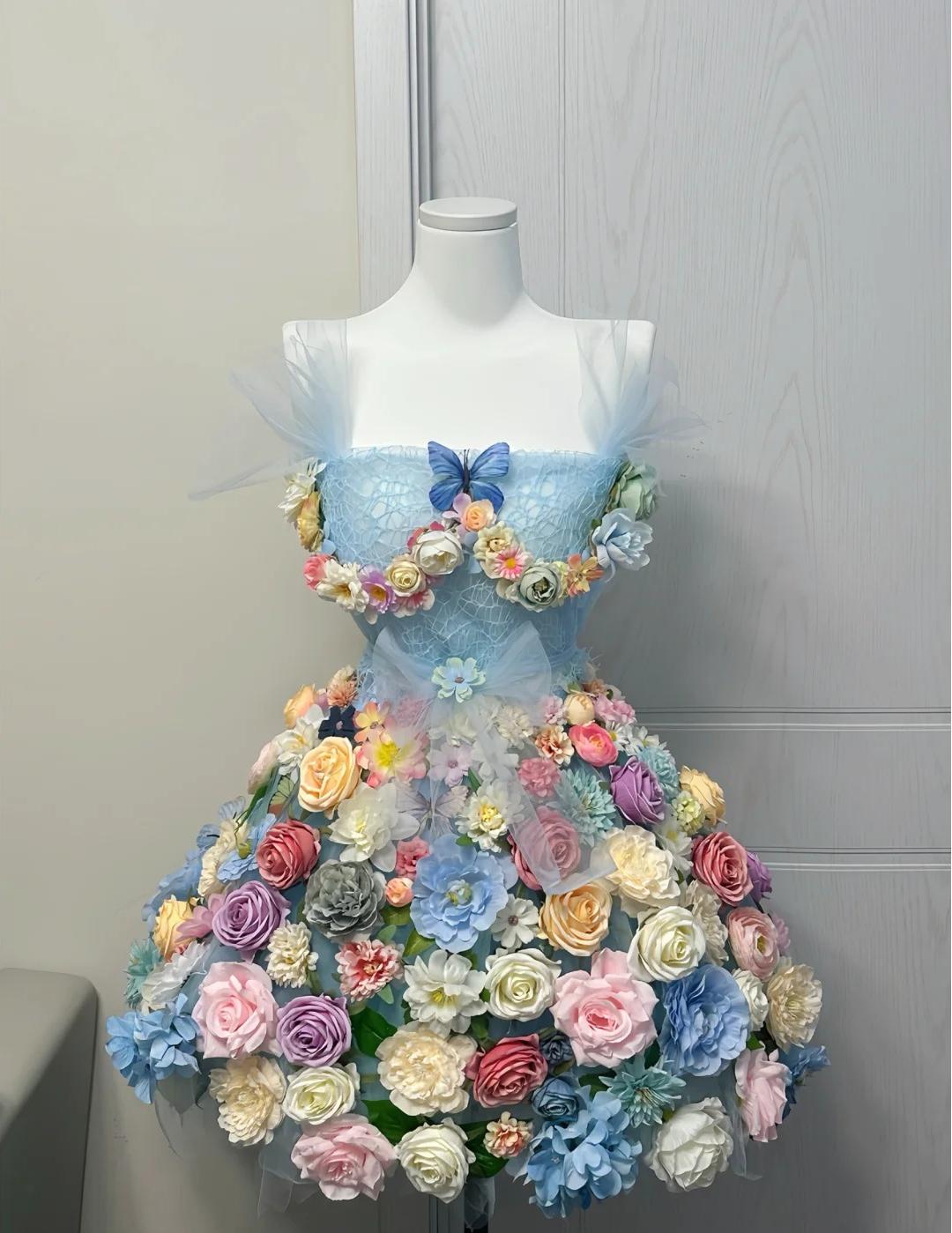 Blue Spaghetti Strap A-Line Tulle Applique Short Prom Dresses Homecoming Dress HZ1024