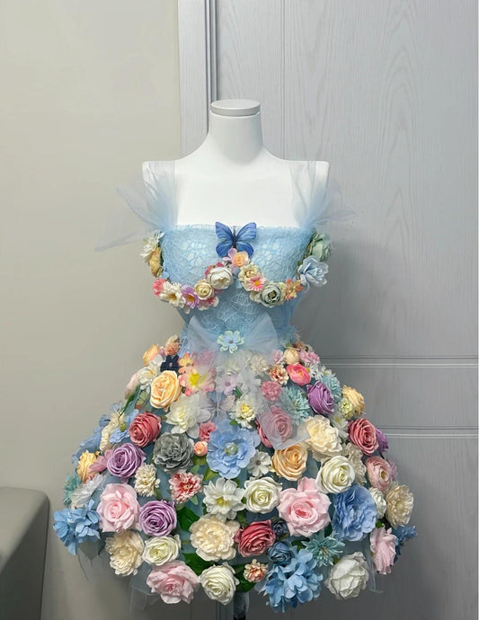 Fairytale Blue Spaghetti Strap A-Line Tulle Applique Short Prom Dresses Homecoming Dress ED02630