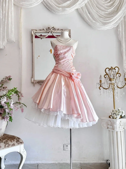 Pink Strapless A-Line Lace Satin Short Prom Dresses Homecoming Dress HZ1024