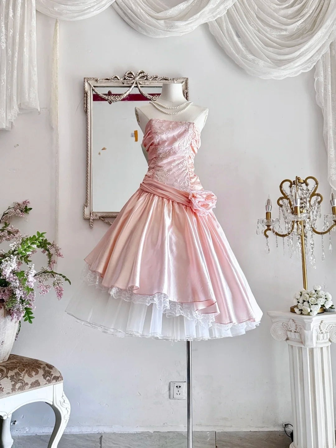 Vintage Pink Strapless A-Line Lace Satin Short Prom Dresses Homecoming Dress ED02632